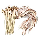 Cieovo 50 Pack Ribbon Wands Wedding Streamers with Bells, Silk Fairy Stick Wand Party Favors for Party Activities Baby Shower Holiday Celebration (Champagne lace)