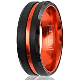 Awesome 6mm/8mm Brushed Satin Finish Black Tungsten Carbide Band Ring with Metallic Persimmon Orange Stripe & Matching Orange Anodized Aluminum Comfort Fit Inner Band. (tungsten (8mm), 9)