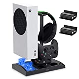 Charger Stand with Cooling Fan for Xbox Series S Console and Controller,Vertical Dual Charging Dock Accessories with 2 x 1400mAh Rechargeable Battery and Cover, Earphone Bracket for XBOX(Black)