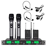 Wireless Microphone System UHF 4 Channel 2 Handheld Mic 2 Headset 2 Lavalier Bodypack 2 Lapel Mic Pro Karaoke System Speaking Conference Wedding Party