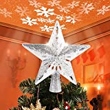 Christmas Decorations, HueLiv Christmas Star Tree Topper with Lighted White Rotating LED Snowflake Projector, 3D Glitter Hollow Night Light Topper for Xmas Tree Decoration, Best Gift for Kids - Silver