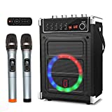 JYX Karaoke Machine with Two Wireless Microphones, Bass/Treble Adjustment and LED Light, Support TWS, AUX in, FM Radio, REC, Supply for Party/Meeting/Wedding - Black