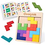 Coogam Wooden Puzzle Pattern Blocks Brain Teasers Game with 60 Challenges, 3D Russian Building Toy Wood Tangram Shape Jigsaw Puzzles Montessori STEM Educational Toys Gift for Kids Adults