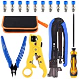 Hilitchi 5 in 1 Coaxial Compression Tool with Instruction Manual Coax Cable Crimper Cable Stripper RG6 RG59 RG11 75-5 75-7 Screwdriver and Micro Cutter with 10 PCS F Compression Connectors Blue RG6