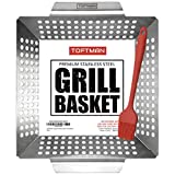 TOFTMAN Vegetable Grill Basket - Heavy Duty BBQ Pan - Grilling Wok Tray for Veggies, Shrimp, Kabob, Fish, and Meat - Stainless Steel Barbecue Accessories for Outdoors - Bonus Nonstick Basting Brush