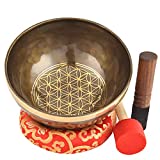 Himalayan Singing Bowl Set — 100% Handmade 8" Meditation Sound Bowl Handcrafted in Nepal with Mallet Striker & Cushion for Spiritual Healing, Mindfulness, Yoga & Relaxation, Flower of Life