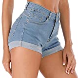 Cuihur Women's Summer High Waisted Denim Shorts Folded Hem Casual Short Jeans Lightblue L