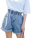 Plaid&Plain Women's High Waisted Denim Shorts Rolled Blue Jean Shorts Light Blue M