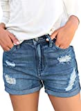 luvamia Women's Summer Casual Jean Shorts Stretchy High Rise Folded Hem Cutoff Denim Shorts 3 Inch Inseam Jive Outlasted Blue Medium Wash Size Medium