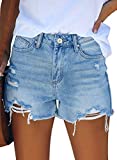 GRAPENT Women's Casual High Waisted Ripped Stretchy Denim Cut Off Hot Short Summer Jean Shorts Light Blue Color Size Large