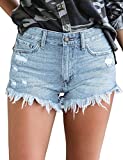 luvamia Women's High Waisted Shorts Frayed Raw Hem Ripped Denim Jean Shorts Light Blue, Size S