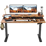 FEZIBO Height Adjustable Electric Standing Desk with Double Drawer, 55 x 24 Inch Stand Up Table with Storage Shelf, Sit Stand Desk with Splice Board, Black Frame/Rustic Brown Top