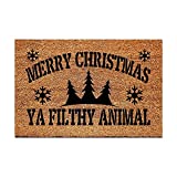 FAGGMY Funny Entryway Merry Christmas Ya Filthy Animal Outdoor Floor Mat with Heavy-Duty PVC Backing Non Slip Cursive Natural Coconut Coir Brown Mat with Black Font 23.7 x 15.7 inch