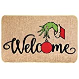 Christmas Door Mat Xmas Welcome Christmas Mat Non-Slip and Washable Winter Doormat Rubber Back Santa Snowflakes Door Mat Rugs for Indoor Outdoor(Green Hand Pattern)