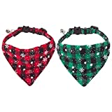 Christmas Cat Collars Breakaway with Bell, 2 Pack Adjustable Cat Collar with Removable Bandana, Red Green Plaid Snowflake Cat Bandana Collar for Kittens Cats