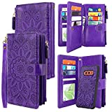 Harryshell Detachable Magnetic Zipper Wallet Leather Case Cash Pocket with 12 Card Slots Holder Wrist Strap for Samsung Galaxy S10e 5.8" 2019 Floral Flower (Purple)