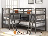 L-Shaped Twin Size Bunk Bed and Loft Bed, Solid Wood Twin Bunk Bed Loft Bed with Guardrail and Two Ladders for 4 Person (Grey)
