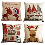 Gspirit Set of 4 Merry Christmas Throw Pillow Covers 18x18 Inches, Santa Claus Elk Decorative Square Pillowcases Cotton Linen Cushion Cover for Room Sofa Bed Car