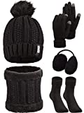 5 Pieces Women Winter Ski Outing Set, Knit Hat Scarf Gloves Earmuffs Stockings (Black)