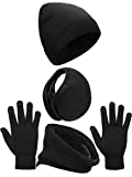 SATINIOR 4 Pack Winter Warm Knitted Set Unisex Beanie Hat Circle Loop Scarf Touchscreen Gloves and Earmuffs (Black), Medium