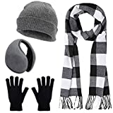 5pcs Full Cover Knitted Winter Warmer Set- Knitted Winter Beanie Hat Cold Weather Earmuffs Ear Muffs Cover Touch Screen Gloves Plaid Scarf Set for Men Women Running Skiing Cycling Yoga Outdoor Sports