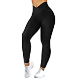 RUUHEE Women V Cross Waist Scrunch High Waisted Crossover Leggings with Pockets Yoga Pants(Medium,Black-7)