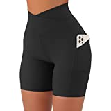 RUUHEE Women Cross Waist Ribbed Biker Shorts with Pockets High Waisted Workout Yoga Shorts(Medium,5" Black)