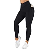 RUUHEE Women Cross Waist Wrap Leggings with Pockets High Waisted Workout Gym Yoga Pants(Medium,Black)