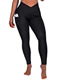SUUKSESS Women Contour Butt Lifting Leggings Cross Waist High Waisted Workout Yoga Pants (Black, M)