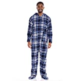 Alexander Del Rossa Men's Warm Fleece One Piece Non-Footed or Footed Pajamas, Adult Onesie with Hood and Two Large Front Pockets, Blue and White Plaid Footed, Large