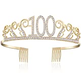 BABEYOND Crystal Birthday Tiara Rhinestone Princess Crown Happy Birthday Crowns Silver Diamante Happy 18/20/21/30/40/50/60/90th Birthday (Gold-100th)