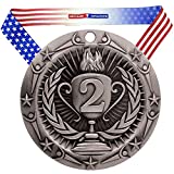 Decade Awards 2nd Place World Class Medal, Silver - 3 Inch Wide Second Place Medallion with Stars and Stripes American Flag V Neck Ribbon