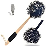 Yoove Loofah Back Scrubber – Bamboo Charcoal Fiber Infused Bath Sponge – Lufa Body Scrubber for Men & Women – Includes 1 Wooden Handled Sponge, 1 Luffa Pouf and 1 Hook to Hang Loofah and other Stuff