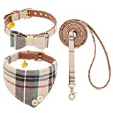 EXPAWLORER Bow Tie Dog Collar and Leash Set Classic Plaid Adjustable Dogs Bandana and Collars with Bell for Puppy Cats 3 PCS (Small, Cream)