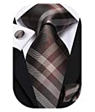 Hi-Tie Mens Brown Ties Plaid Silk Tie for Men Classic Neckties with Handkerchief Cufflinks and Pocket Square Set Formal Business