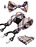 Maroon Bow Tie and Suspenders Set for Men Plaid Check 6 Clips Adjustable Y Back Brace with Pocket Square Suspenders for Tuxedo