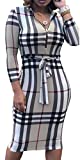 Women V Neck Business Suit Sexy Long Sleeve Grid Stretchable Slim Fit Bodycon Casual Pencil Dress Zipper Belt