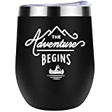 The Adventure Begins Funny Wine Tumbler Stainless Steel Stemless Insulated Wine Glass 12oz Durable Insulated Coffee Mug for Champaign Cocktail Beer Office (Black)