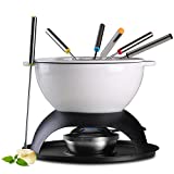 Artestia 11-Piece Cast Iron Fondue Set with Adjustable Burner 6 Colored Forks, 5-Cup White Cheese Fondue Pot, Perfect for Chocolate, Caramel, Meat, 4-6 Person