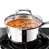 HOMI CHEF Mirror Polished Copper Band Nickel Free Stainless Steel 1 QT Saucepan with Glass Lid (No Toxic Non Stick Coating, 6.5 Inch) - Small Saucepan Induction Pan with Lid - Non Toxic Cookware