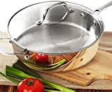 HOMICHEF 9.5 Inch Nickel Free Stainless Steel Saute Pan With Lid Induction Oven Safe - Premium Mirror Polished Copper Band Stainless Steel Pan With Glass Lid - 2.5 Quart Non Toxic Cookware Pans