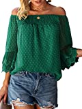 Women’s Summer Off Shoulder Tops Ruffle 3/4 Bell Sleeve Swiss Dot Casual Shirts Blouse Dark Green