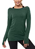 Muzniuer Long Sleeve Workout Tops for Women Gym Exercise Athletic Shirts Long Sleeve Yoga Shirts Off Shoulder Sports Shirts with Thumb Hole Long Shirts for Women Green L