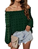 Blooming Jelly Women's Off The Shoulder Tops Chiffon Blouses Long Sleeve Shirts Flattering Pom Pom Top (Medium, Dark Green)