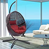 Egg Chair X-Large Outdoor Indoor Hanging Chair with Stand Brown Rattan Wicker Porch Swing Chair with UV Resistant Wine Cushion Chair Swing for Patio Bedroom Balcony (Brown)