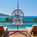 Hanging Chair with Stand Outdoor Swing Chair with UV Resistant Cushion Swing Egg Chair with Stand Sturdy Steel 330lbs Capacity (Grey Wicker)