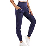 LEINIDINA Women’s Jogger Pants Active High Waisted Sweatpants with Pockets Tapered Casual Lounge Pants Loose Track Cuff Leggings (Blue, Medium)
