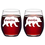 Grandma Bear, Grandpa Bear, Stemless Wine Glass Set, Funny Wine Gifts for Grandma Grandpa Mom Dad Him Her Husband Wife Mother's Day Fathers Day Birthday Valentines Day Anniversary Christmas