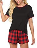 Ekouaer Pajamas Women Short Sleeve with Plaid Shorts Cute Sleepwear Teen Girl Cartoon Sleep Tee Summer Lounge Pj Set Gift