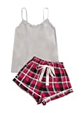 SweatyRocks Women's Sleepwear Set Plaid Print Cami Top and Elastic Waist Short Pajama Set Multicolor Medium